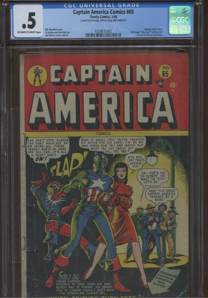 A nice, clean-looking Captain America Comics #65, but it gets a CGC 0.5 because it's missing the centerfold
