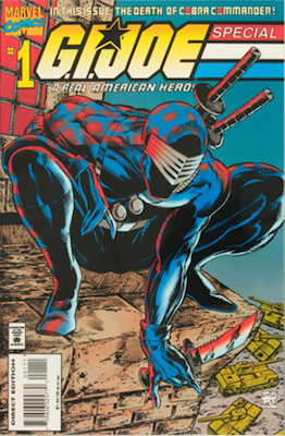 GI Joe Special #1 1995, cover swipe by Todd McFarlane featuring Snake Eyes. Click for values