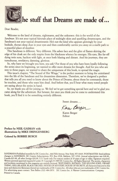 Recalled Editorial Variant of Sandman Comics #8. The editorial inside the front is by Karen Berger in the valuable variant