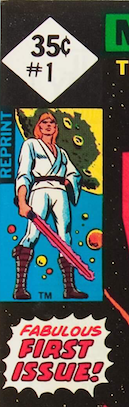 Close up detail of 35c reprint edition. REPRINT in blue beside Luke Skywalker below price box