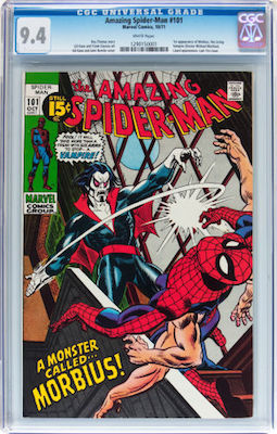Amazing Spider-Man #101 is the first Morbius appearance. 9.8s and 9.6s are really expensive, but a crisp CGC 9.4 is a great investment. Click to buy