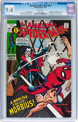 Amazing Spider-Man #101 is the first Morbius appearance. 9.8s and 9.6s are really expensive, but a crisp CGC 9.4 is a great investment. Click to buy at Goldin