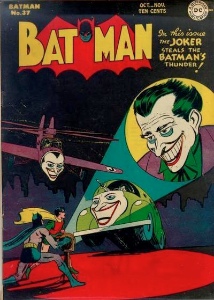Batman #37, classic Joker cover mimicking Bat signal