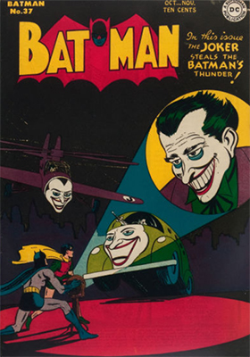Batman #37: Classic Joker signal cover. Click for values
