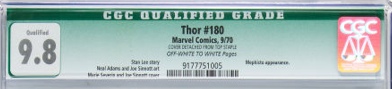 An example of a CGC qualified grade, awarded to a comic that is at a grade but has something worth noting, like this detached staple