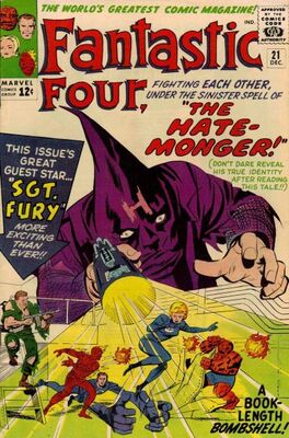 Origin and First Appearance, Hate-Monger, Fantastic Four #21, Marvel Comics, 1963. Click for value