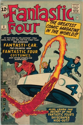 Fantastic Four #3 (Mar 1962): First FF Costumes and HQ. Silver Age #30 on most valuable comics list. Click for values