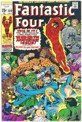 In common with many Marvel comics, Fantastic Four #100 is a milestone. It's celebrated with a smattering of all past villains and friends. Click for value