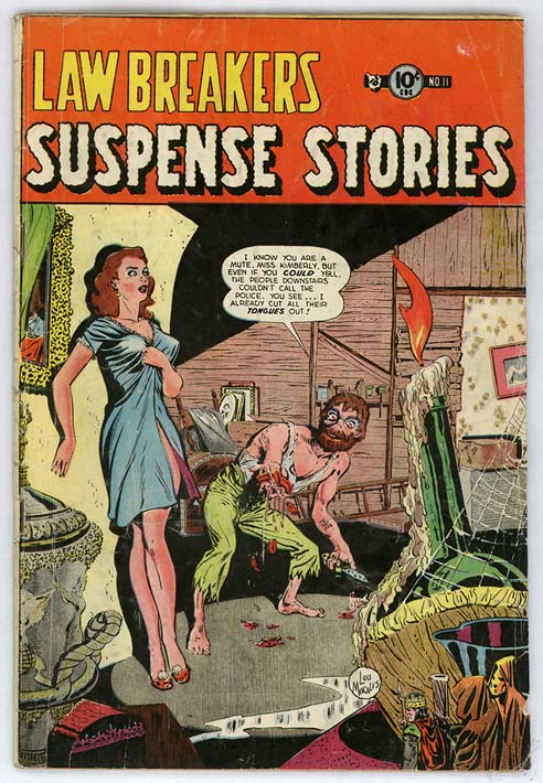 #5 grossest horror cover: Lawbreaker's SuspenStories #11. Madman holding severed tongues cover! Click for value