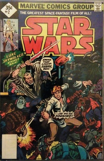 Star Wars #2 reprint 35c edition. Price at top left, 35c in a DIAMOND (not a square). Blank box instead of bar code at bottom left.