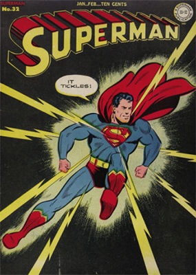 Superman comic books #32: classic cover, dark background, scarce in high grade. Click for values