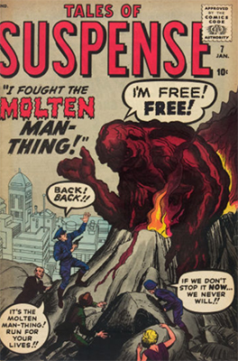 Origin and First Appearance, Molten Man-Thing, Tales of Suspense #7, Marvel Comics, 1960. Click for value