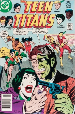 Teen Titans #48 (June, 1977): Joker's Daughter Becomes Harlequin; Father's Identity Revealed; Bumblebee Joins. Click for value