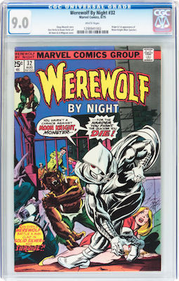 Werewolf by Night #32, the 1st Moon Knight, is unaffordable in the high 9s. But a CGC 9.0 is a good-looking copy and a good investment. Click to buy from Goldin