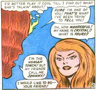 The Human Torch meets Crystal from the Inhumans for the first time in Fantastic Four #45