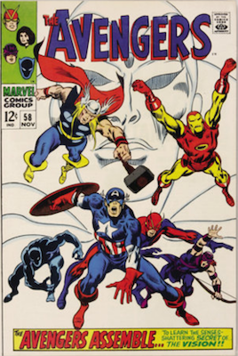 Avengers #58:Origin of the Vision; Vision joins the Avengers. Click for values.