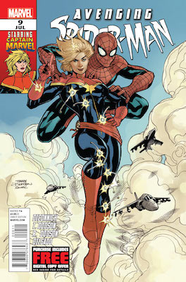 Carol Danvers becomes Captain Marvel in Avenging Spider-Man #9. Click for values