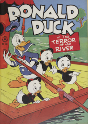 Four Color #108: Donald Duck in the Terror of the River by Carl Barks. Click for values.