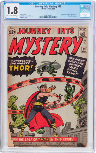 This Journey into Mystery #83 is graded 1.8 by CGC. It has pieces missing and has heavily tanned covers.