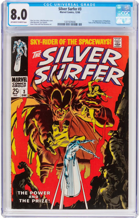 Silver Surfer 3 is scarce in VF or better condition. We recommend a clean CGC 8.0 with OW or better pages. Click to buy a copy