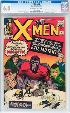 Uncanny X-Men 4, 1st Quicksilver and Scarlet Witch, 1st Brotherhood of Evil Mutants. We recommend CGC 6.0. Click to buy a copy from Goldin