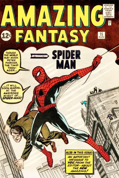 Origin and First Appearance, Spider-Man, Amazing Fantasy #15, Marvel Comics, 1962. Click for values of this key Silver Age comic book
