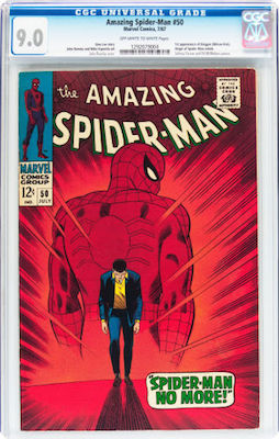 The cherry-red cover of Amazing Spider-Man #50 often presents with wear or creasing. Try to buy a CGC 9.0 copy. Click to buy from eBay