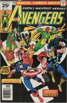 Avengers #150: New line-up: Iron Man, Captain America, Wasp, Scarlet Witch, Yellowjacket, Vision and Beast. Click for values