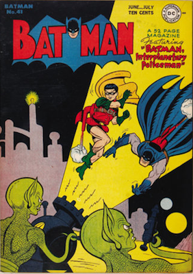 Batman Comic #41, a sci-fi themed cover with little green men. Click for value
