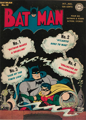 Batman #19. A Joker story, a Nazi story, and a villain named "Legs Lascomb." Click for value