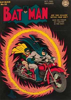 Batman #25, October 1944; Penguin/Joker Team-Up. Bat bike. Click for value