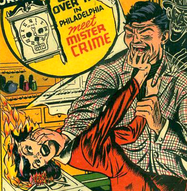 The notorious cover image, showing a woman's hair being set on fire by a laughing man, has made CDNP #24 one of the most sought-after crime comic books of all time