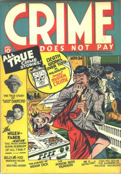 Crime Does Not Pay #24 (1942): Criminal Pushes Woman's Head on to Flaming Stove. Click for value