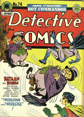 Origin and First Appearance, Tweedledum, Tweedledee, Detective Comics #74, DC Comics, 1943. Click for value