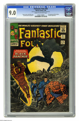 The mostly black cover of Fantastic Four #52 makes finding a copy in high grade a challenge. Look for a CGC 9.0. Click to buy a copy from Goldin