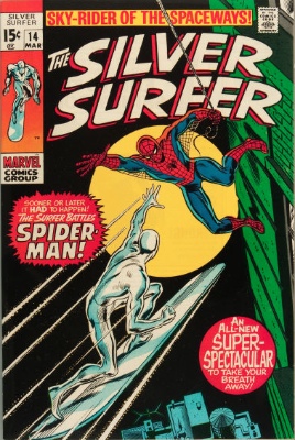 Silver Surfer #14 from the 1960s series saw a Spider-Man crossover. Click for value