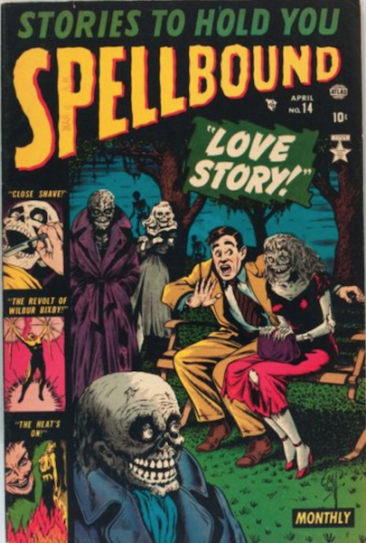 Spellbound #14 (1953): Classic Cover with Man and Zombies in Romantic Park. Click for value