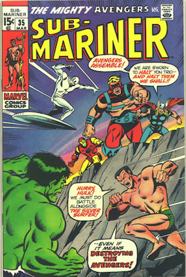 Sub-Mariner #35 (Marvel, 1971): Second Thor vs Hulk Battle; Early Defenders. Click for values