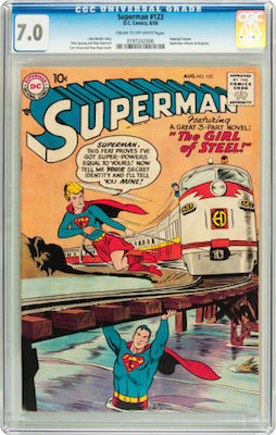 Superman #123 is scarce to rare in higher grade. There is a big jump in price above CGC 7.0, so we recommend that grade. Click to buy a copy