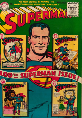 Superman comic #100: Cover features #1 and other classic issues. Click for values