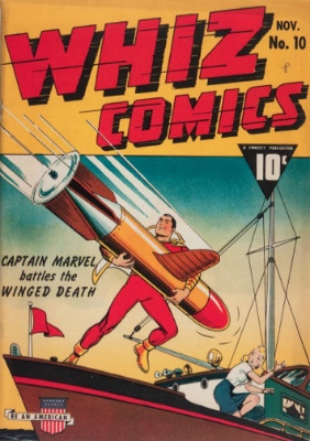 Whiz Comics #10: classic Captain Marvel war cover. Click for values